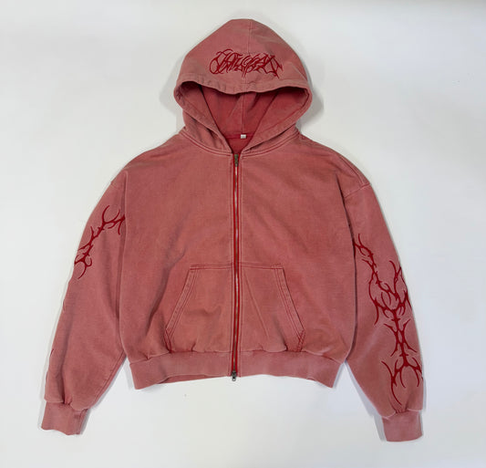 Pink Red Embroidered Hoodie .